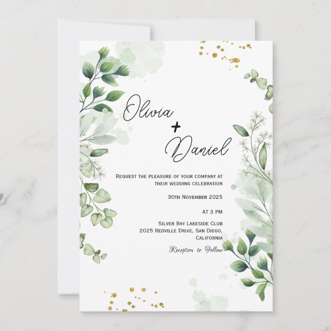 Convite de Casamento com Folhagem Fresca em Letra  (Frente)