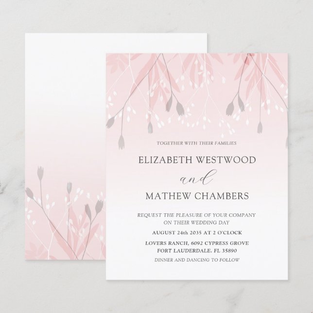 Convite de Casamento com Folhagem Rosa Blush Boho  (Frente/Verso)