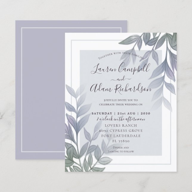 Convite de Casamento com Folhagem Roxa Lilás Orçam (Frente/Verso)