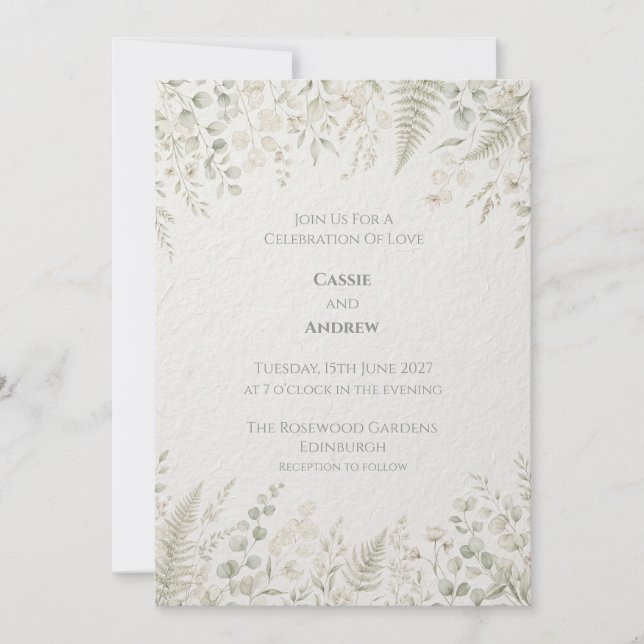 Convite de Casamento com Folhagem Verde Sage (Frente)