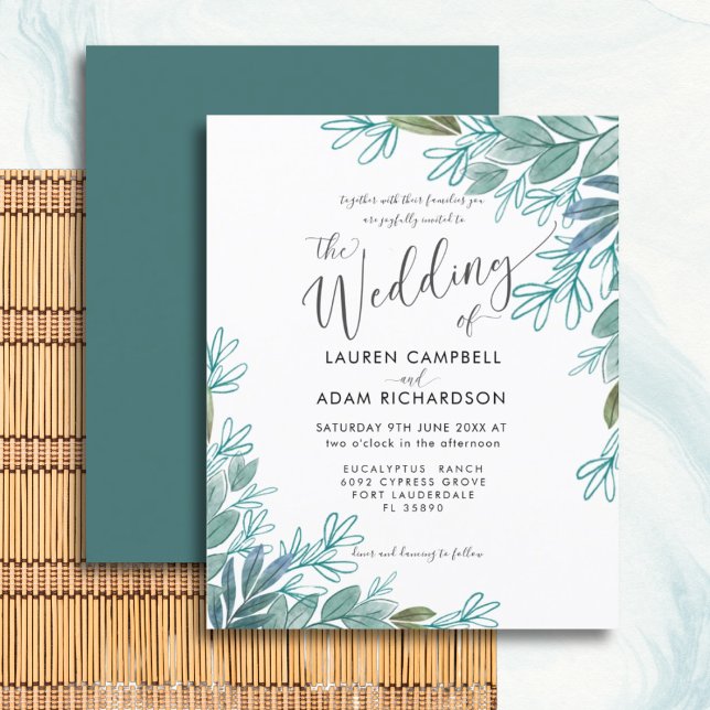 Convite de Casamento com Folhagem Verde Sage no Or (Criador carregado)