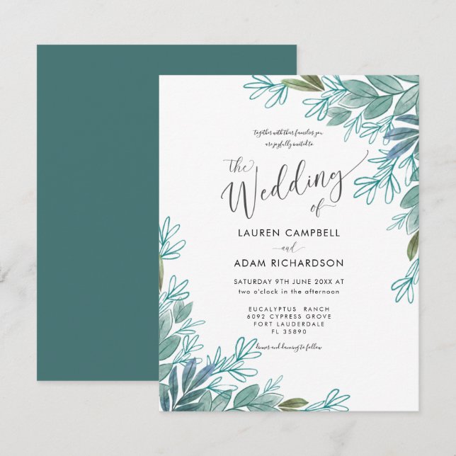Convite de Casamento com Folhagem Verde Sálvia Rús (Frente/Verso)