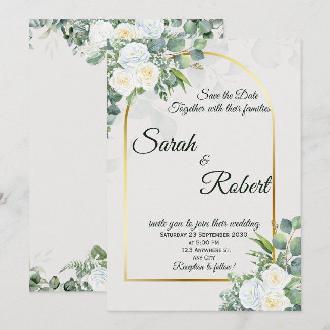 Convite de Casamento com Folhagens e Rosa Branca E (Frente/Verso)