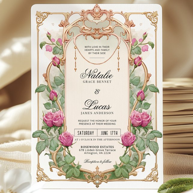 Convite de Casamento com Folhagens Florais Rosa Vi (Criador carregado)
