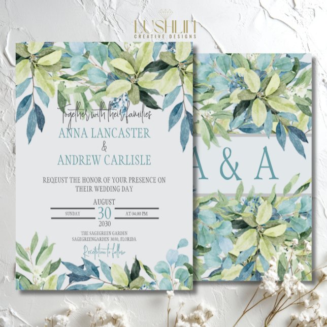 Convite de Casamento com Folhas de Aquarela Azul V (Criador carregado)