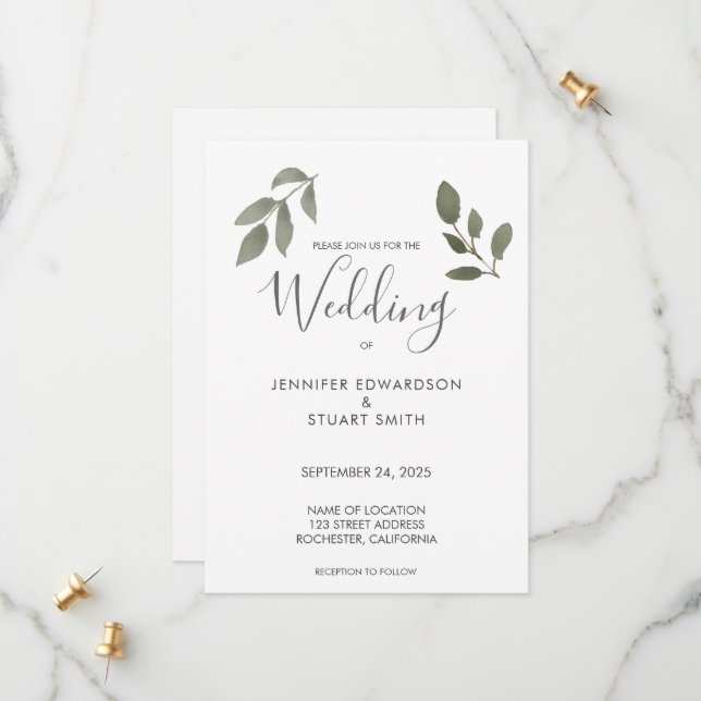 Convite de casamento com folhas de aquarela botâni (Frente/Verso In Situ)