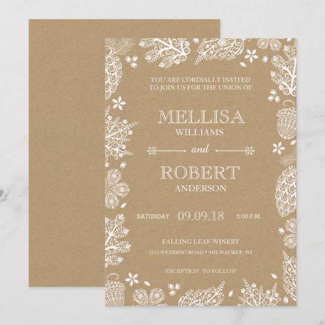Convite de Casamento com Folhas Delicadas em Papel (Frente/Verso)