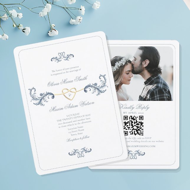Convite de Casamento com Foto Azul Empoeirado Vint (Criador carregado)