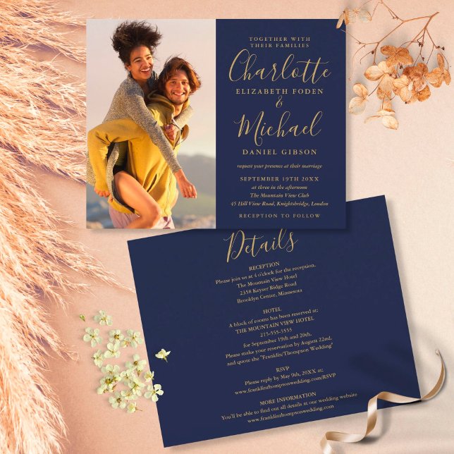 Convite de Casamento com Foto Azul Marinho Dourado (Criador carregado)