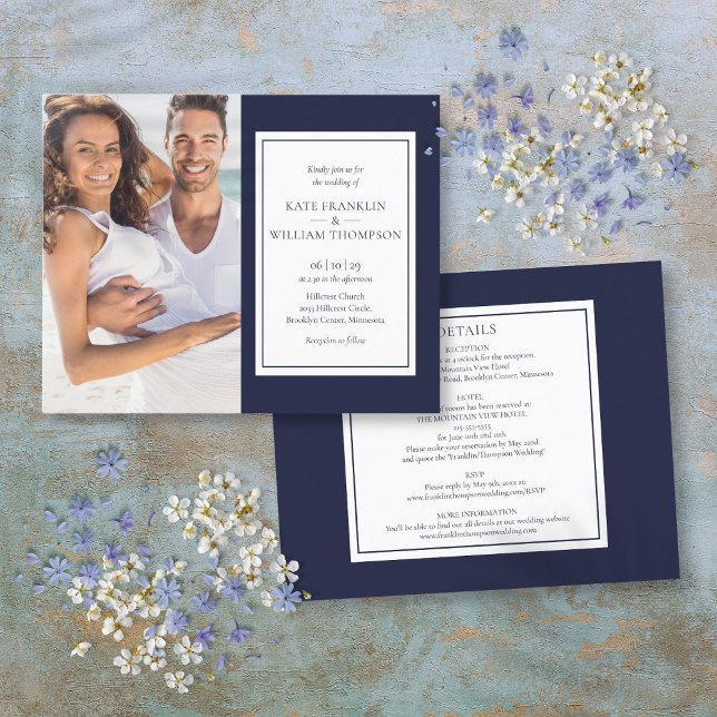 Convite de Casamento com Foto Azul Marinho Orçamen (Budget All In One Navy Blue Photo Wedding Invite)