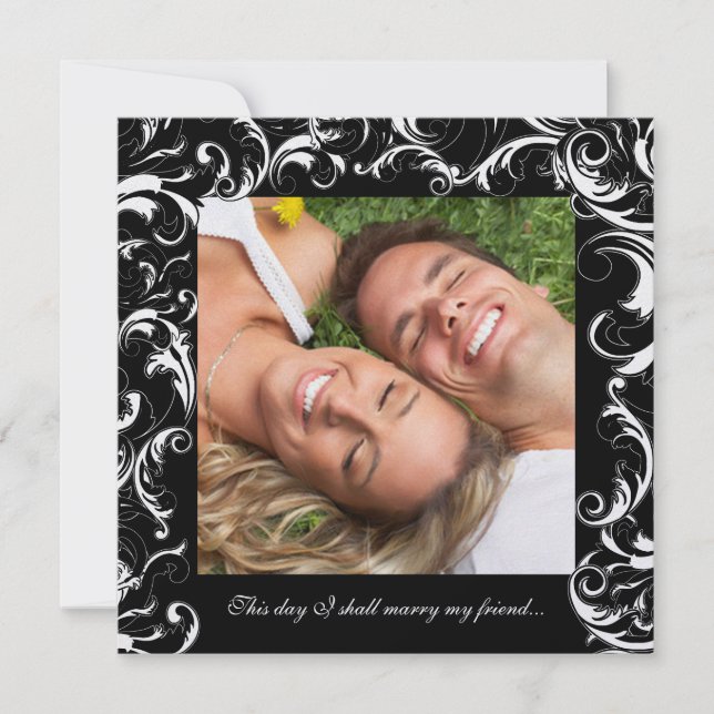 Convite de Casamento com Foto Black Fancy Swirls (Frente)