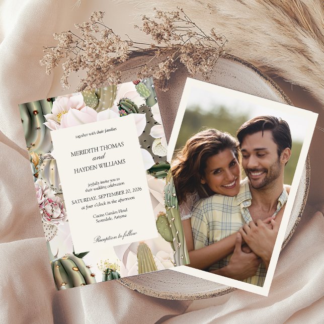 Convite de Casamento com Foto Boho Cactus do Deser (Criador carregado)