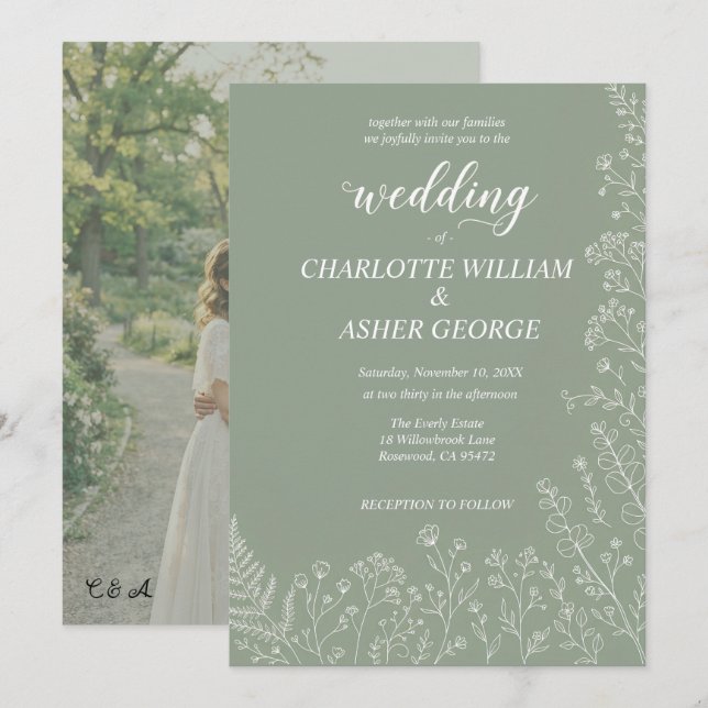 Convite de Casamento com Foto Botânica em Verde Sa (Frente/Verso)
