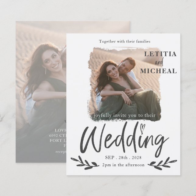 Convite de Casamento com Foto Branco Moderno e Eco (Frente/Verso)