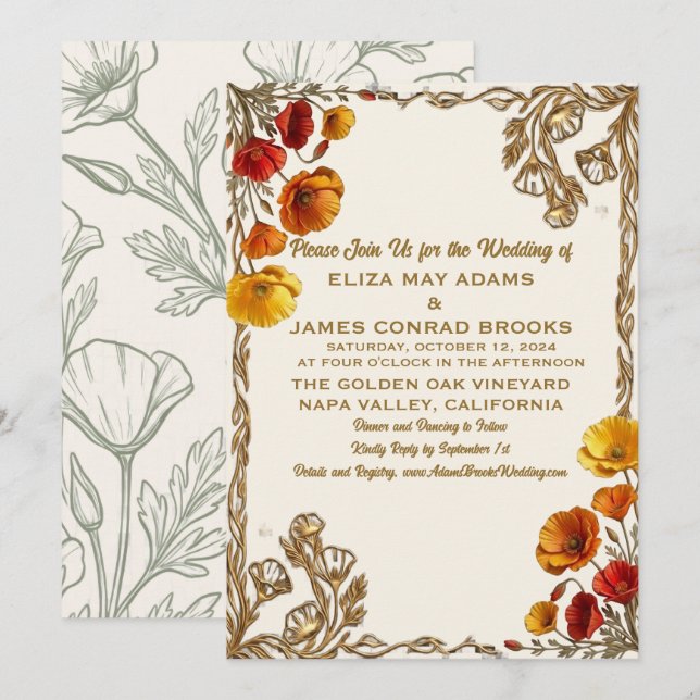 Convite de Casamento com Foto California Poppy Gol (Frente/Verso)