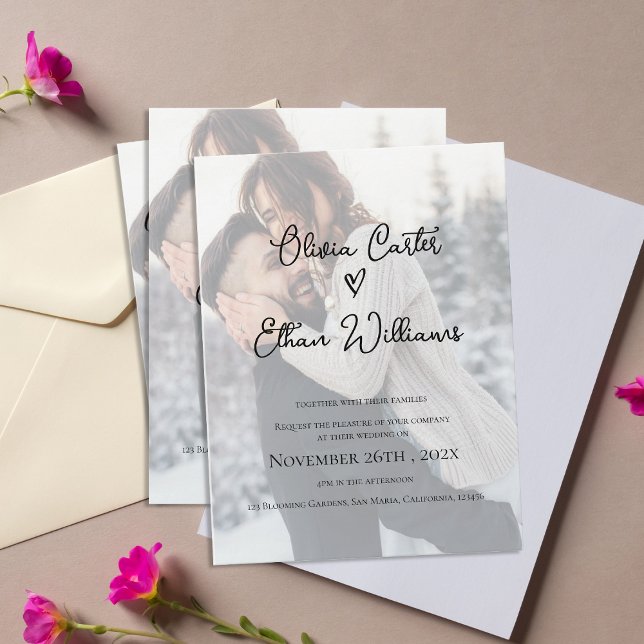 Convite de Casamento com Foto com Sobreposição de  (Photo Wedding Invitation with Faux Vellum Overlay)