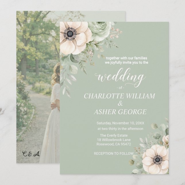 Convite de Casamento com Foto de Anêmona Floral em (Frente/Verso)