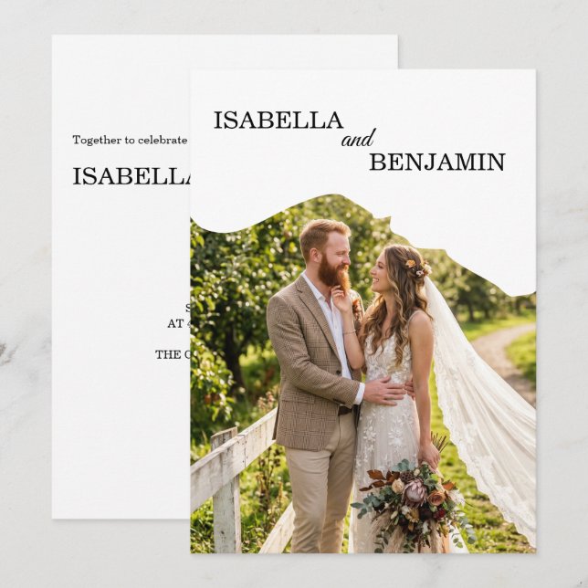 Convite de Casamento com Foto de Borda Ondulada Ún (Frente/Verso)