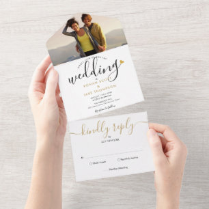 Convite de Casamento com Foto de Coração Dourado e