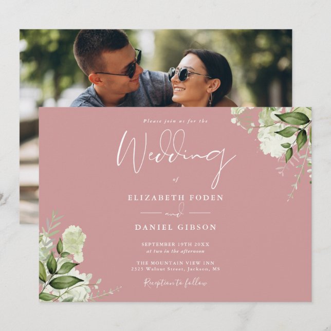 Convite de Casamento com Foto de Folhagem Rosa Emp (Frente/Verso)