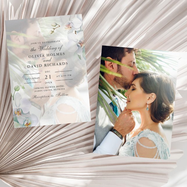 Convite de Casamento com Foto de Orquídea Branca M (Watercolor Minimalist White Orchid Photo Wedding Invitation on a sunny white dry palm leaf.)