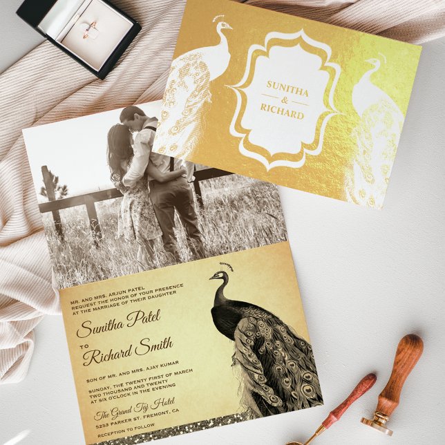 Convite de Casamento com Foto de Pavão em Sépia co (Criador carregado)