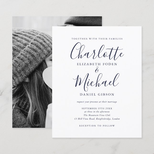 Convite de casamento com foto de script azul marin (Frente/Verso)