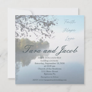 convite de casamento com foto do lago Fé, Esperanç