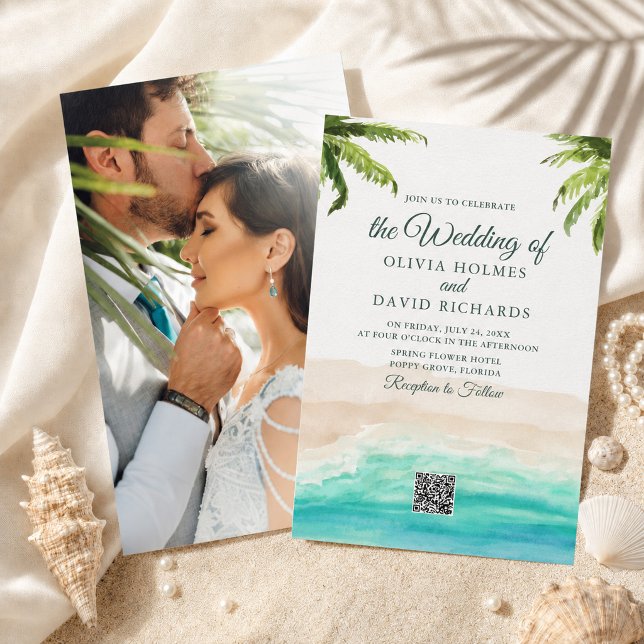 Convite de Casamento com Foto e Código QR em Aquar (Watercolor Beach Photo & QR Code Wedding Invitation)