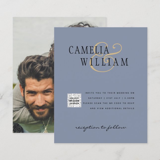 Convite de casamento com foto e código QR para dat (Frente/Verso)