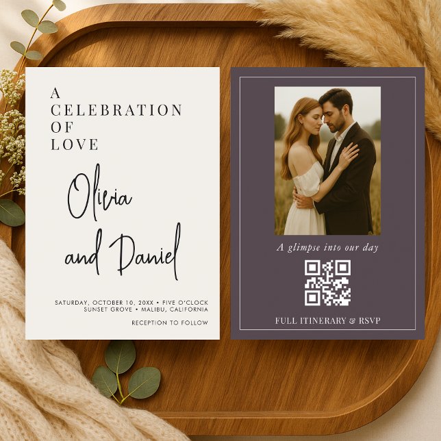 Convite de Casamento com Foto e Código QR Roxo (Criador carregado)