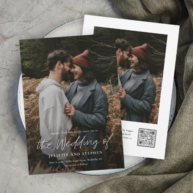 Convite de Casamento com Foto e Código QR Simples  (Minimal photo wedding invitation with modern script and QR Code RSVP with additional photo on back.)
