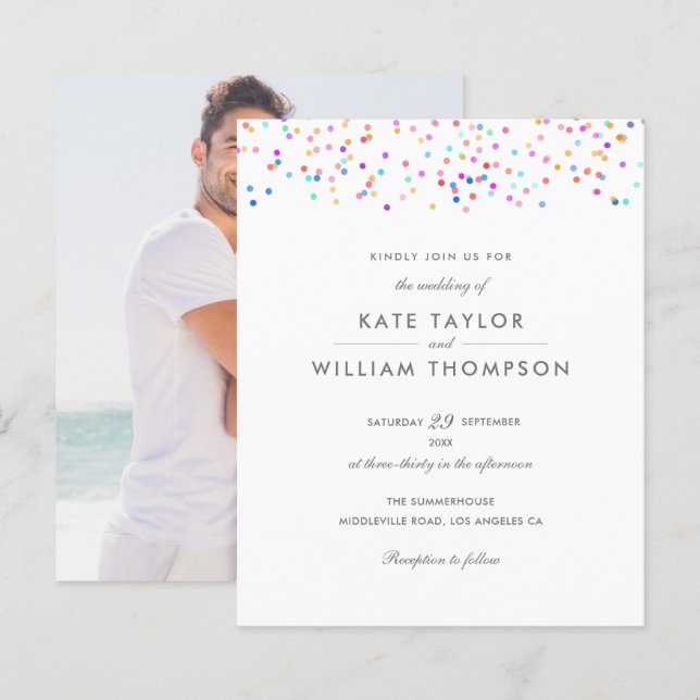 Convite de Casamento com Foto e Confetes Arco-íris (Frente/Verso)