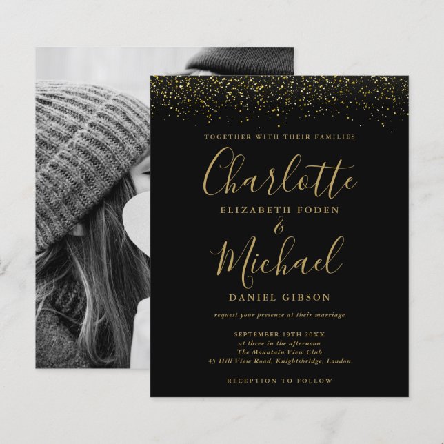 Convite de Casamento com Foto e Glitter Preto e Do (Frente/Verso)