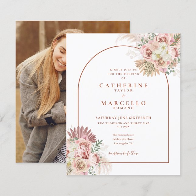 Convite de Casamento com Foto e Grama das Pampas E (Frente/Verso)