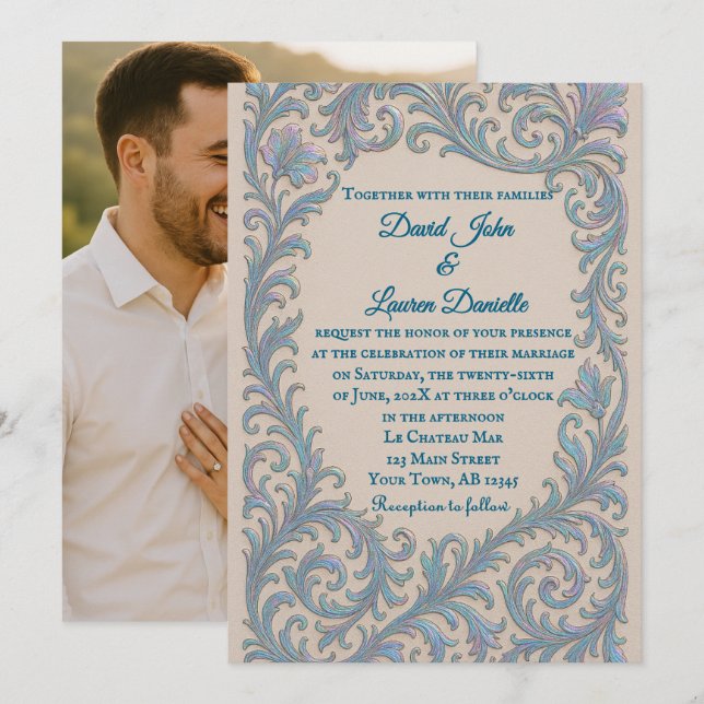 Convite de casamento com foto e juramento iridesce (Frente/Verso)