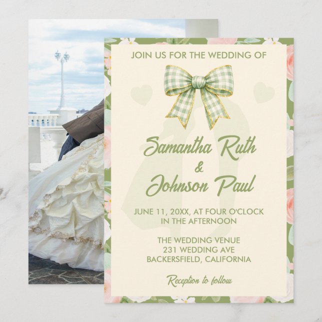 Convite de Casamento com Foto e Laço de Gingham Ve (Frente/Verso)