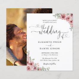 Convite de Casamento com Foto e Letra Floral Rosa 