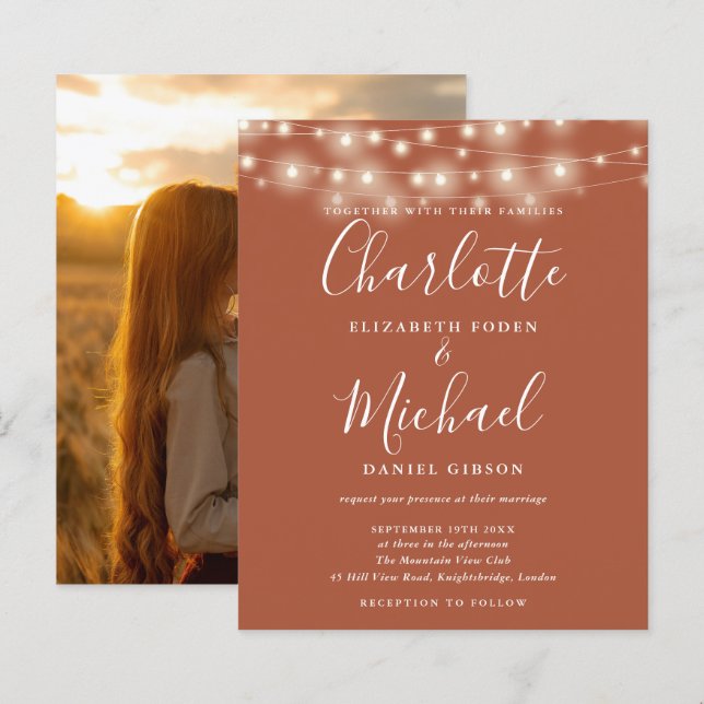 Convite de casamento com foto e luzes de terracota (Frente/Verso)