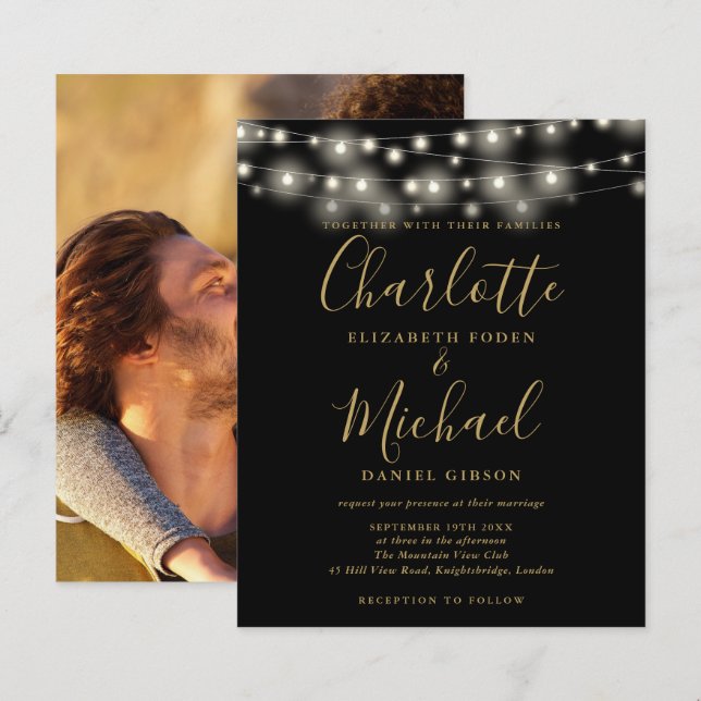 Convite de casamento com foto e luzes douradas e p (Frente/Verso)