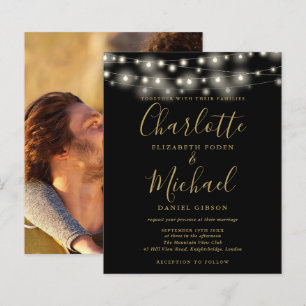Convite de casamento com foto e luzes douradas pre