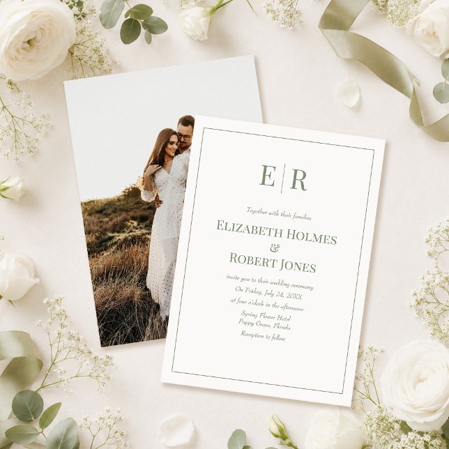 Convite de Casamento com Foto e Monograma Branco e (White & Olive Monogram Photo Wedding Invitation on a table with white flowers)