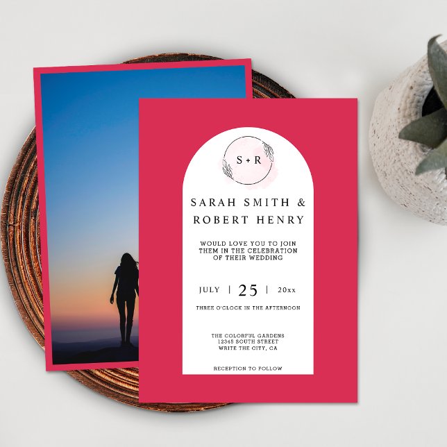 Convite de Casamento com Foto e Monograma em Arco  (Front / Back)