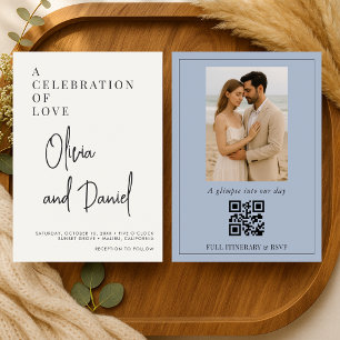 Convite de Casamento com Foto e QR Code em Azul Po