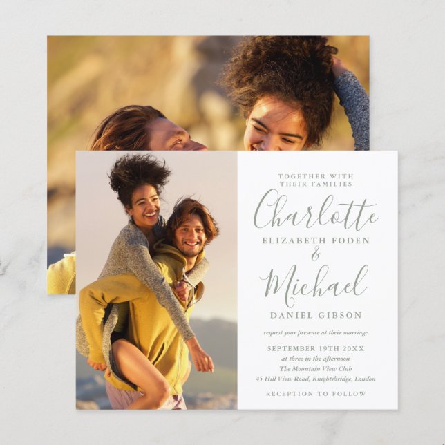 Convite de Casamento com Foto e Script na Cor Verd (Frente/Verso)