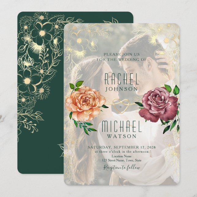 Convite de Casamento com Foto Elegante Vintage (Frente/Verso)