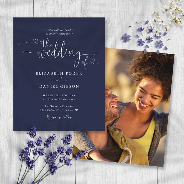 Convite de Casamento com Foto em Azul Marinho Econ (Budget Navy Blue Script Photo Wedding Invitation)