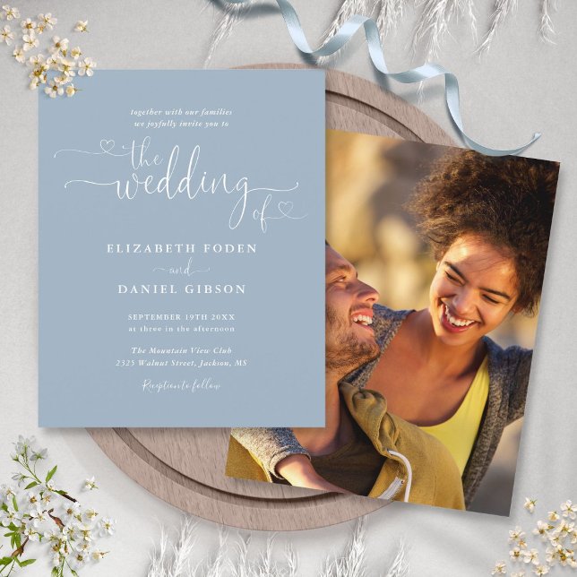 Convite de Casamento com Foto em Azul Poeirento Sc (Budget Photo Dusty Blue Script Wedding Invitation)