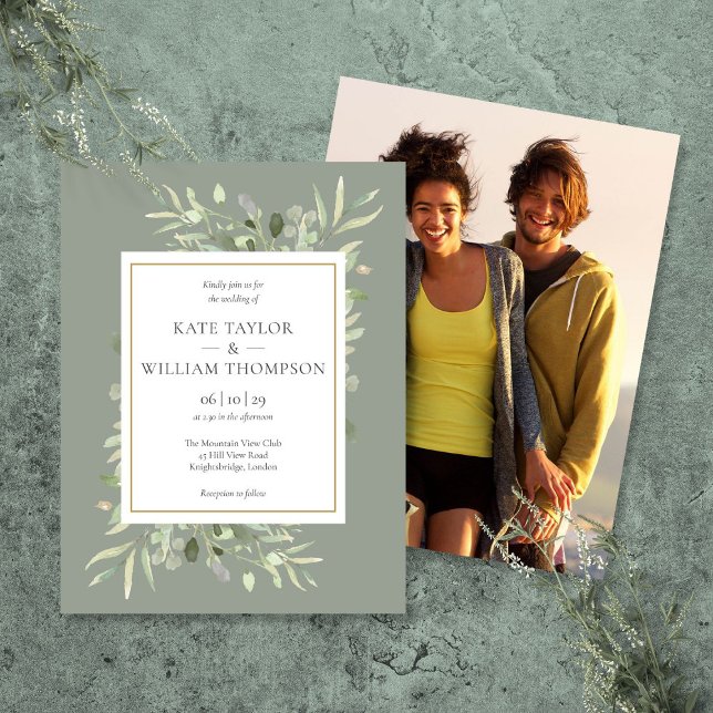 Convite de Casamento com Foto em Cartão Postal com (Sage Greenery Wedding Photo Invitation Postcard)