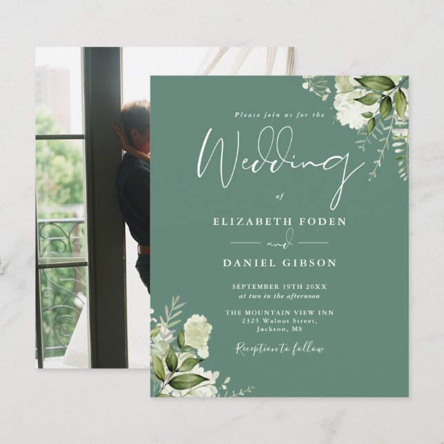 Convite de casamento com foto em eucalipto verde e (Frente/Verso)